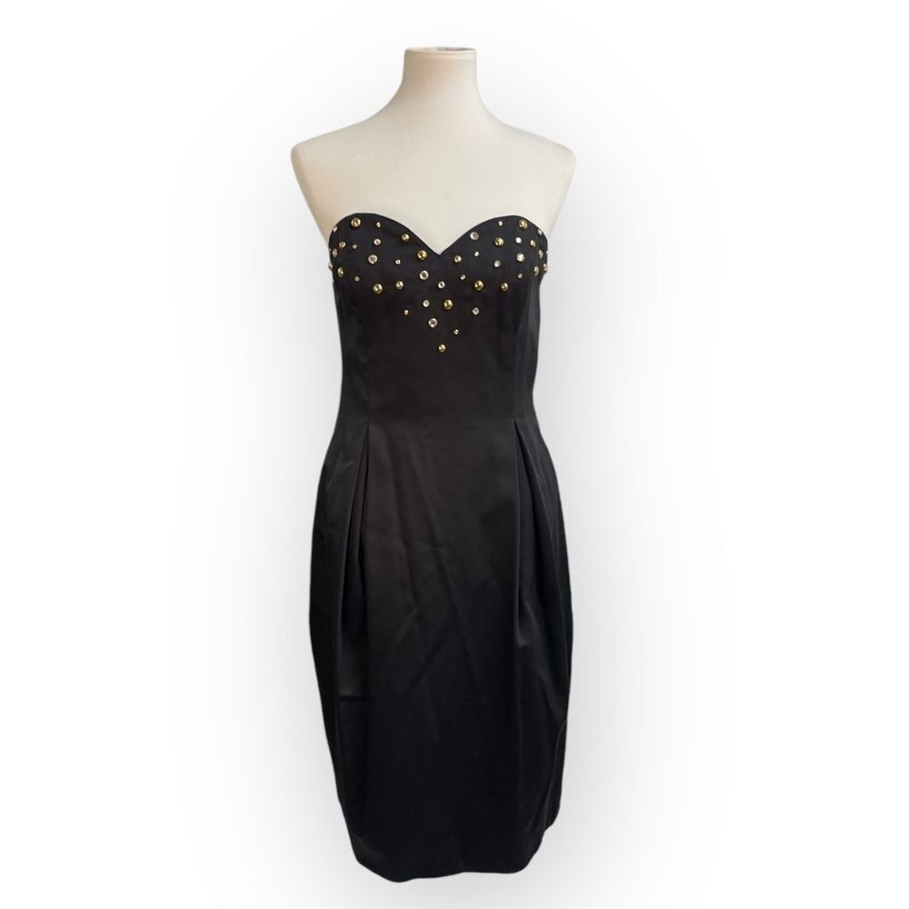 Vintage strapless dress, sz 12. Black Gold accents sweetheart retro prom formal